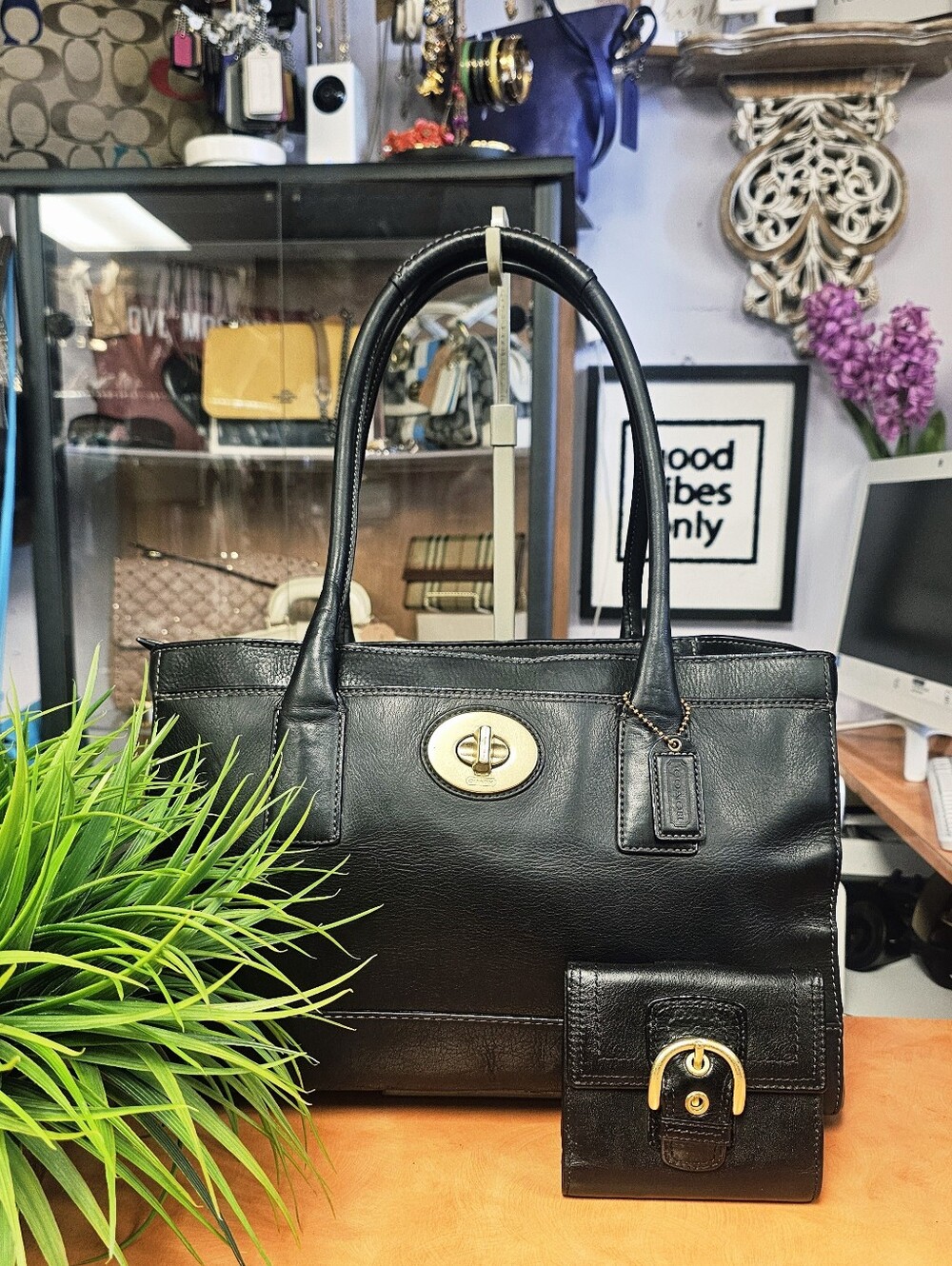 Coach Black Leather Tote with Matching Wallet - Classic Everyday Handbag